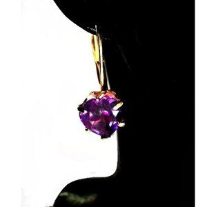 Solid 14k Yellow Gold Girls Purple Amethyst Heart Leverback Earrings
